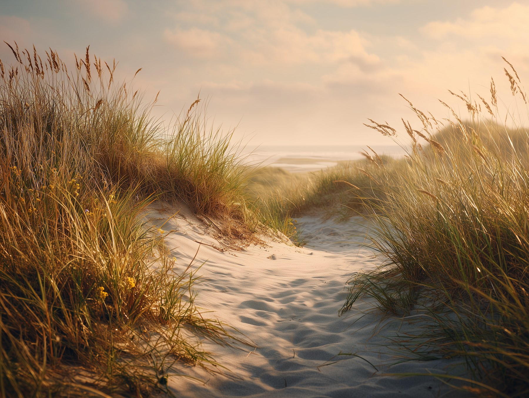 A sandy path through coastal dunes and grasses